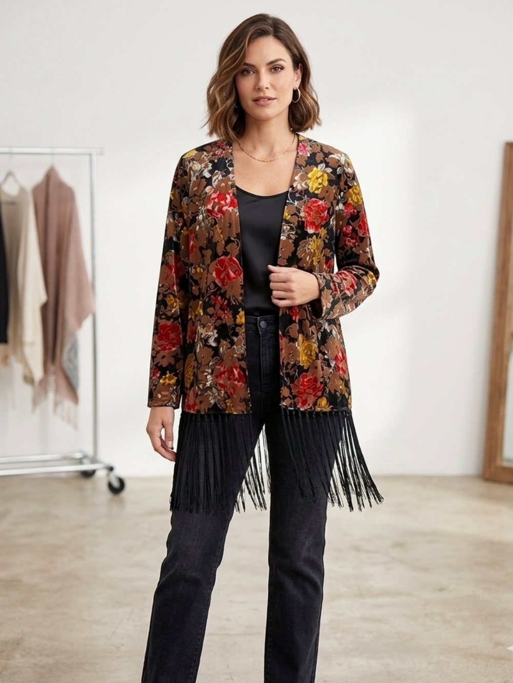 Sans Souci Elegant Brown Kimono Wuth Velvet And Fringe Size Med